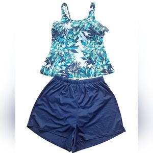 Swimsuits For All 2pc Set Tropical Print Blue Tankini Top & Navy Blue Shorts 10